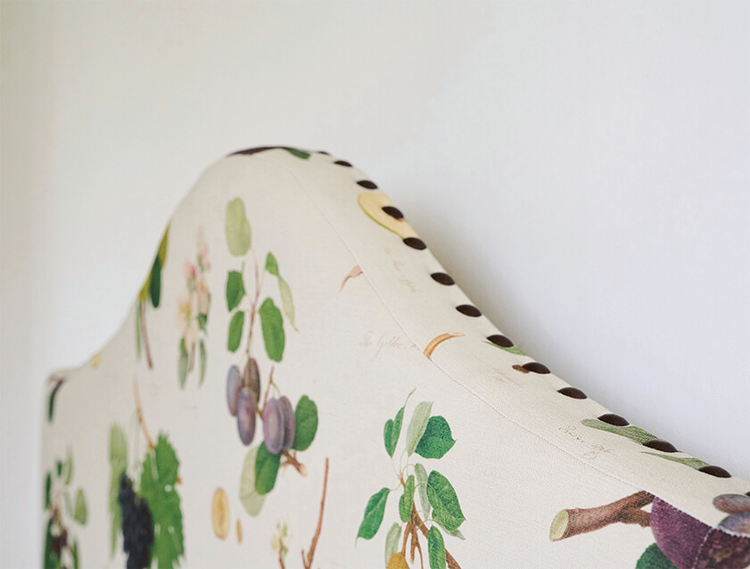 Bermondsey king bed in Stain Resistant RHS William Hooker Design Fruit detail